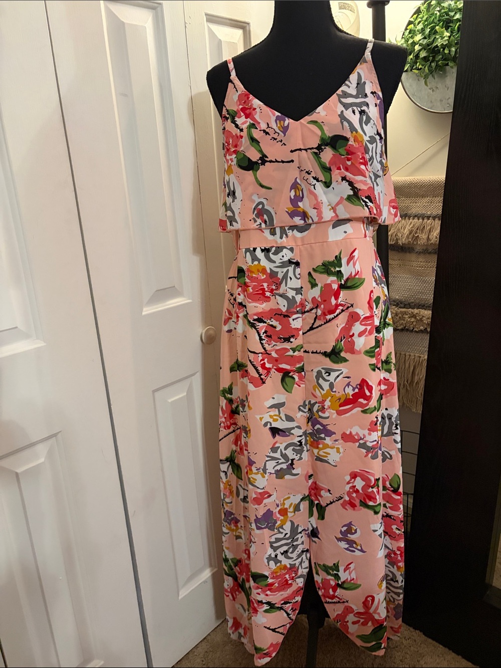 Pink Floral Print Maxi Dress with Spaghetti Straps